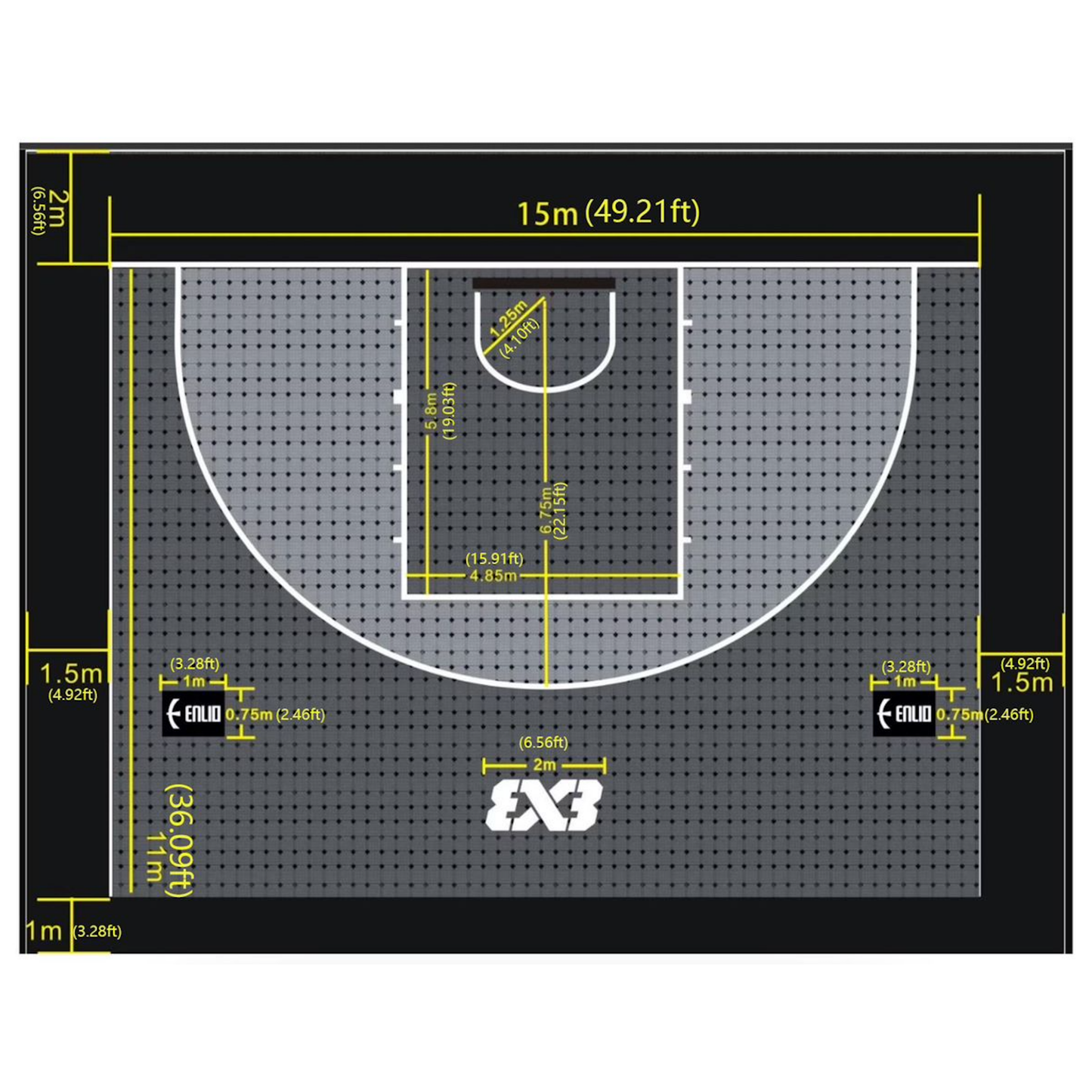 USA Enlio Official 3X3 Basketball Court – FIBA Certified – 25' x 54' Large Training Court